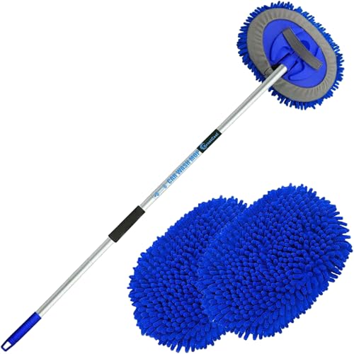 GreatCool Escova de lavar carro com cabo longo, 2 em 1 chenille microfibra 180° rotação roupa de limpeza luvas para camiões, UV, RV, reboque, não livre de riscos (azul)