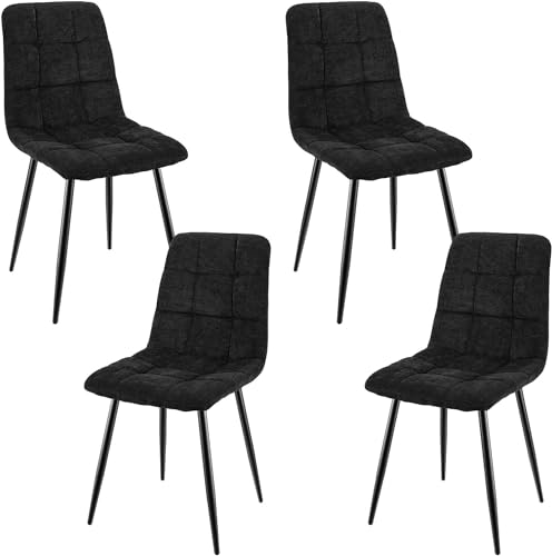 JIJIAN Pacote de 4 cadeiras de sala de jantar, cadeiras estofada com tecido de linho e pernas de metal preto, design quadriculado, cadeiras de sala de jantar para sala de jantar sala de estar quarto