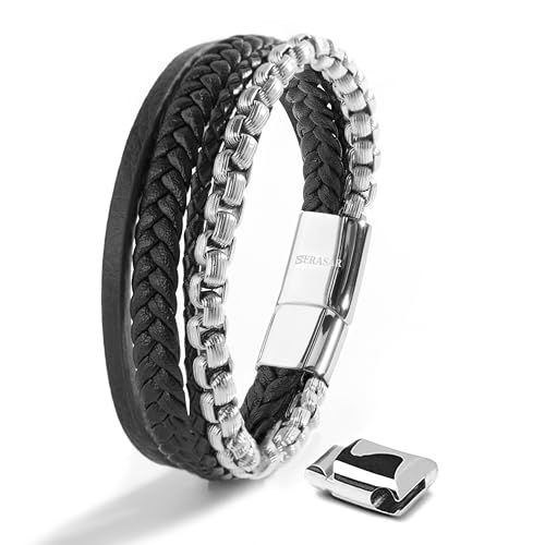 SERASAR Pulseiras de couro premium para homem | fecho seguro de aço inoxidável | três cores | caixa de jóias incluída
