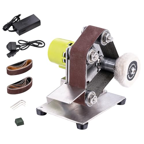 TOPWAY Lixadeira de correia elétrica Mini, máquina de polir e lixar de banda multifunções com 7 velocidades ajustáveis e 20 fitas de 330 x 30 mm e roda de polimento de tecido para metal e carpintaria