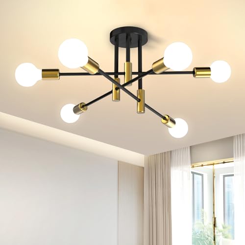 Kuwork Candeeiro de teto vintage, 6 luzes E27 candeeiro suspenso de teto, teto moderno para sala de estar, quarto, estúdio, cozinha e sala de jantar, preto e dourado