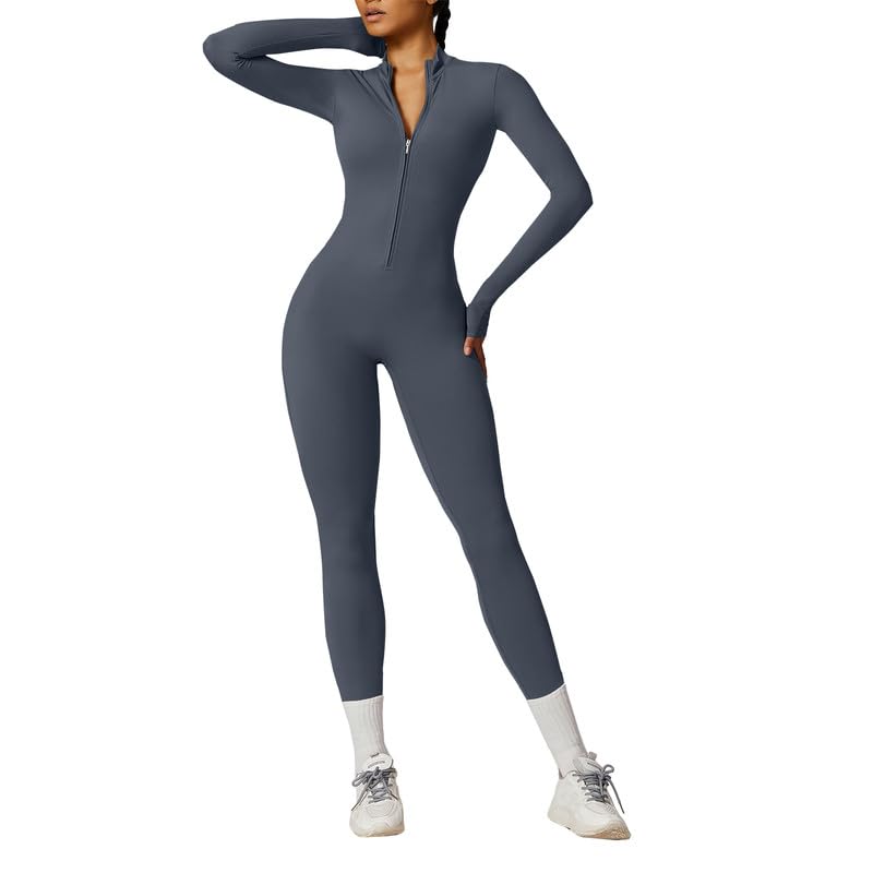 Litthing Macacão de ioga mulher roupa desportiva com fecho de correr manga comprida fato uma peça Jumpsuit sexy elásticos body overol fato ginásio treino fitness corrida