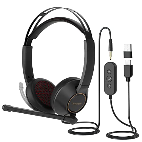 Nuroum HP11-DU Auriculares com cabo, ouvido duplo (estéreo) com microfone Boom/controlo on-line, conexão a PC/Mac via USB A/Type-C/3,5 mm, compatível com Zoom/Teams para chamadas / conferências