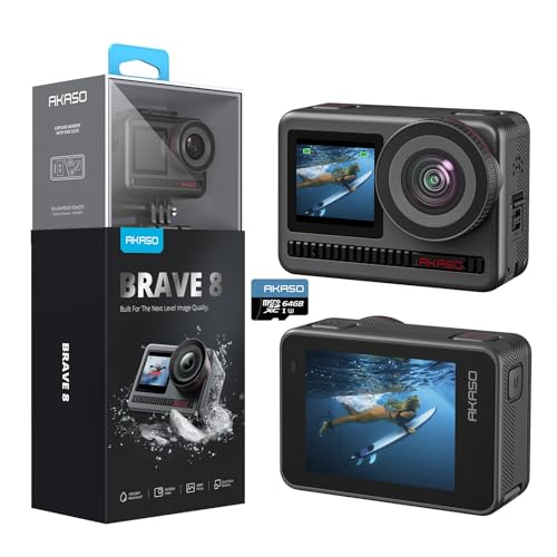 AKASO Brave 8 4K60FPS Câmara desportiva, 48 MP câmara aquática submergível com ecrã tátil, estabilização SuperSmooth, grande angular, 16 x Slo-mo, 2 x 1550 mAh baterias, vários acessórios