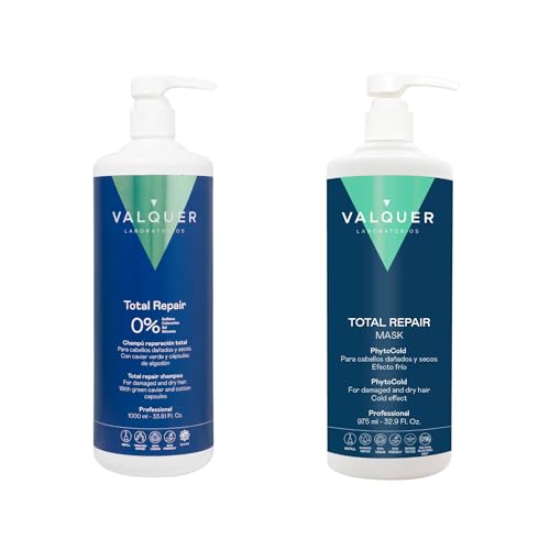 Valquer Pack Total Repair champô zero e máscara. Repara, suaviza e nutre o cabelo danificado e seco. Hidratação intensa com caviar verde, vitamina E e cápsulas de algodão. Vegan. 1L + 975 ml.