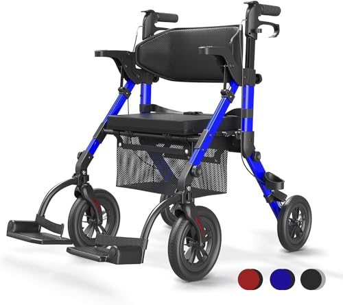 VOCIC Cadeira de roda 2 em 1 Andadore para idosos com assento, cadeira transporte andarilho dobrável leve, alumínio ajustável em altura para exteriores e viagens, azul (5 anos de garantia)