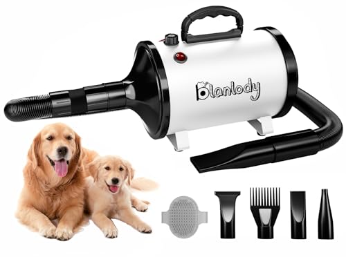 Blanlody Secador de cabelo para cães Blower muito silencioso 4,5 cv / 3200 W motor de velocidade ajustável, para cuidados com cães com 4 boquilhas diferentes mangueira elástica e escova de cuidados