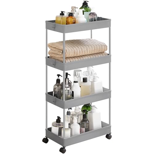 SONGMICS Carrinho de armazenamento de 4 níveis, carrinho com rodas, carrinho de cozinha, economia de espaço, para casa de banho, escritório, 23,6 x 42 x 86 cm, cinzento pombo KSC010G01