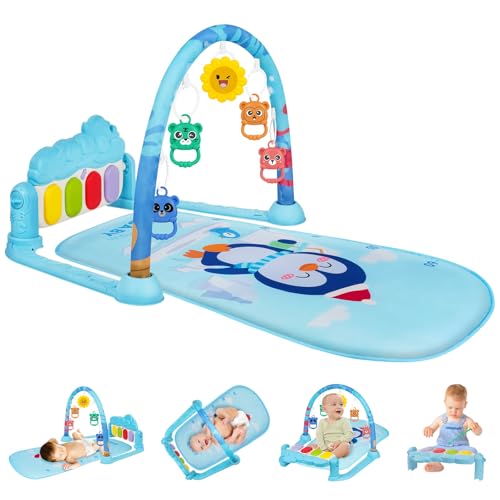AOMIG Ginásio de jogos para bebé, manta de jogo para bebé com piano com 3 sons e 5 acessórios, motivo dos animais, tapete de jogos para bebés de 0 a 24 meses, tapete de piano ginásio para bebés