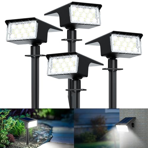 kolpop Luzes solares LED para exterior e jardim [4 peças/77 LED], 6000 K luz solar fria exterior, impermeável IP65, 1800 LM Focos solares para pátio, chão, calçada, terraço, relva, trilho, Carril