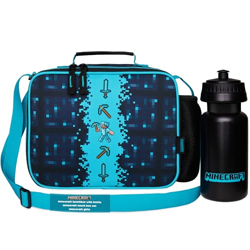 Minecraft Saco térmico porta-alimentos para crianças ou Creeper saco almoço infantil com garrafa de água para escola viagens presente Gamer (azul/preto)
