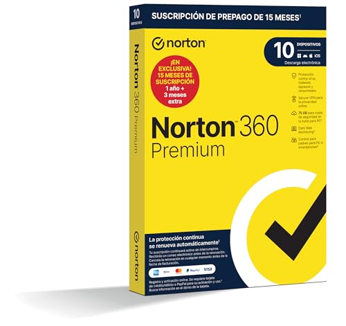 Norton 360 Premium 2024 - Antivirus software para 10 Dispositivos 15 meses de suscripción - Secure VPN y Gestor de contraseñas - PC, Mac tablet y smartphone