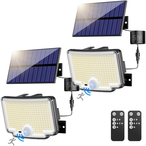 nipify Focos LED exteriores solares, 318 LED/270 ° iluminação: holofote solar exterior, 6500 K, luz com sensor de movimento IP65, luzes solares LED exteriores, jardim com controlo remoto para