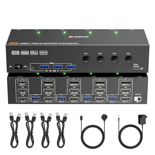 KVM Switch 3 Monitores 4 PC 4K @ 60Hz EDID Simulation, HDMI e Displayport KVM Switch Triple Monitor para 4 PCes, partilhar 3 monitores e 4 dispositivos USB, controlo remoto por cabo e 4 cabos USB