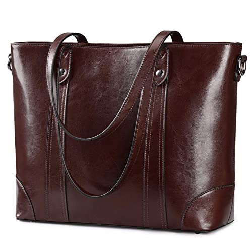 S-ZONE Bolsa tote de couro para mulher mala de ombro de escritório mala para computador portátil de trabalho de 15,6 polegadas