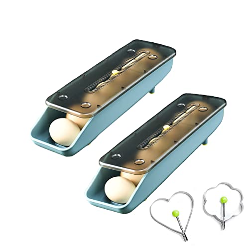 QeeHeng Suporte para ovos para frigorífico, 2 caixas de armazenamento frescas para frigorífico, recipiente de armazenamento de ovos rolantes automaticamente para (azul, embalagem de 2)