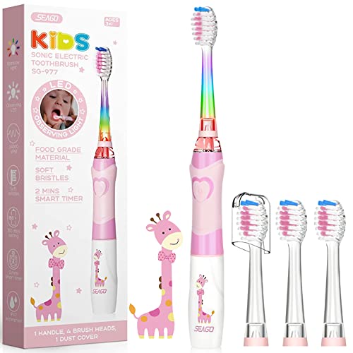 Seago Escova de dentes infantil elétrica para crianças de 3 a 12 anos crianças com luz colorida, temporizador inteligente de 2 minutos, 4 cabeças suaves SG-EK6/SG-977 (rosa)