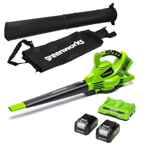 Greenworks 48 V (2 x 24 V)Soprador aspirador de folhas a bateria, correia para ombro, motor sem escovas, 322 km/h, 9 m³/min, bolsa de recolha 45 l, dois 24 V 4 Ah baterias e carregador, garantia 3