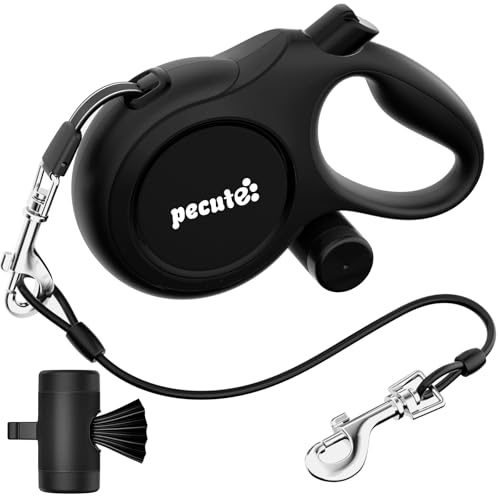Pecute Trela para cão extensível de 8 m, trela para 10 a 50 kg, com corda anti-ordida de 46 cm, malas higiénicas e porta-bags, 360° anti-embaraços, passeio de cães, treino, dias de chuva, preto