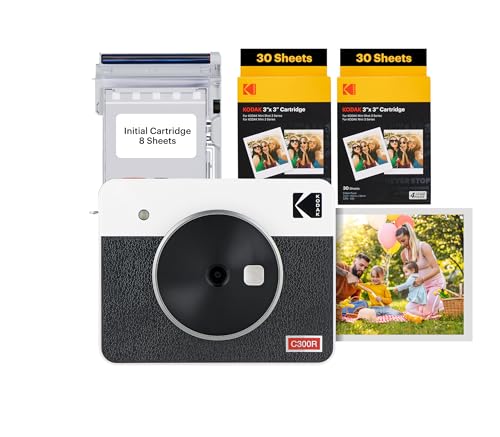Kodak C300R Mini Shot 3, câmara instantânea de fotos com impressora 68 fotos, Bluetooth, formato quadrado 76 x 76 mm, compatível com iPhone e Android, tecnologia 4 Pass - branco