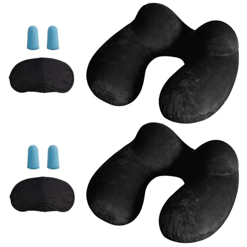 LUZWAY Almofada insuflável de viagem, almofada insuflável de pescoço de viagem, feita de veludo macio e capa lavável com tampões para os ouvidos, máscara para os olhos e bolsa de transporte (2 x