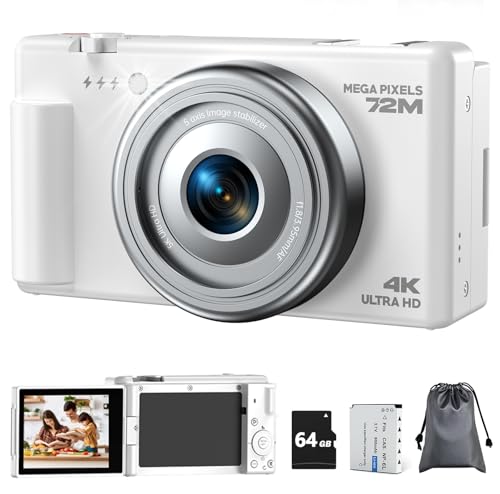Câmara digital 4K, Vlog câmara de fotos anti-vibração com foco automático de 72 MP 18 X zoom, ecrã Flip de 270 ° câmara digital compacta com bateria cartão de 64 GB para fotografia iniciantes
