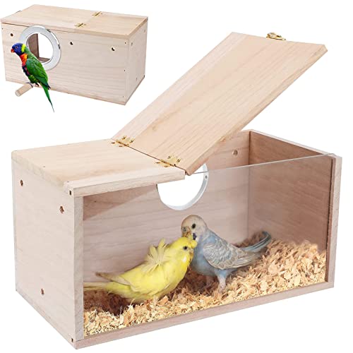 Caixa de criação de pássaros, design transparente caixa de ninho de pássaros de madeira, ninho de criação para aves natural, janela de visão clara de papagaio, para Agapornis, papagaios de cacatuas,
