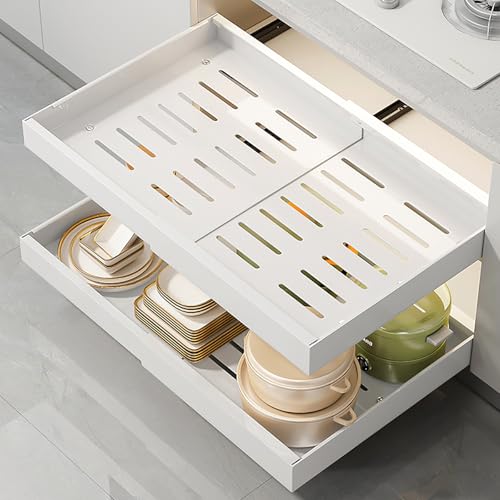 Wiseten Gaveta telescópica branca 32 ~ 52 cm, gavetas removíveis para cozinha, organizador de armário de metal extensível com sistema de trilhos, sem furar para cozinha casa de banho sala