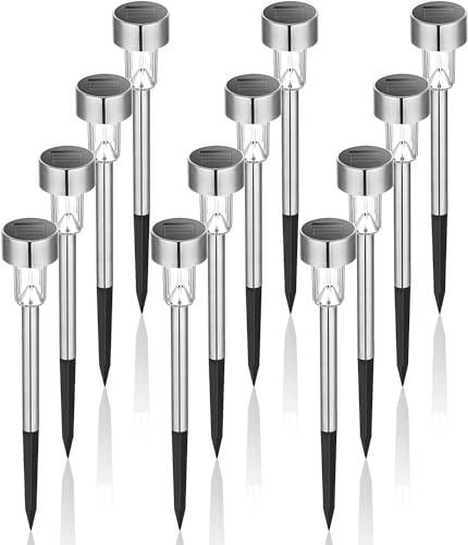 GIGALUMI Luzes solares para jardim, caminho de luzes LED para exteriores, de aço inoxidável, 12 unidades, branco