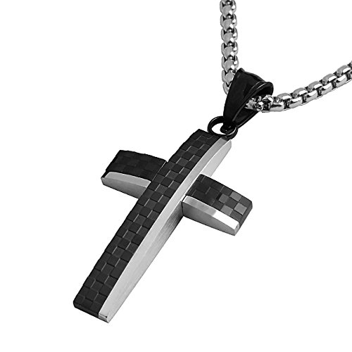 DonDon Colar com pendente tábua de xadrez - cruz de aço inoxidável mate 52 cm cor prata para homens em saco de veludo
