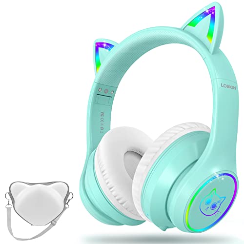 LOBKIN Auriculares infantis com saco, sem fios e com cabo, auriculares Bluetooth para crianças e meninas dobráveis ajustável para escola, viagens