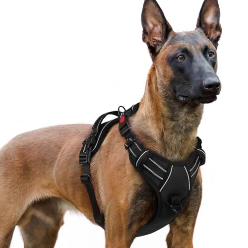 rabbitgoo Arnês cão grande com 3 fivelas, libertação do pescoço, arnês ajustável com alça e clipe frontal, arnês antipuxões para cães refletor, para treino correr, preto, XL