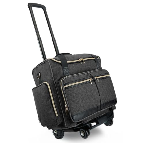 Arxus Bolsa redonda para professora com 4 rodas, mala de arte para mulher com carrinho removível, mala resistente com capas acolchoadas para computador portátil de 15,6", Preto Claro