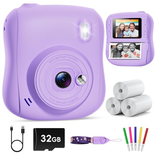 Hangrui Câmara fotos infantis instantâneas, 1080 P câmara fotos infantis, câmara instantânea para crianças com cartão de 32 GB, papel de impressão e canetas de cores, presentes brinquedo