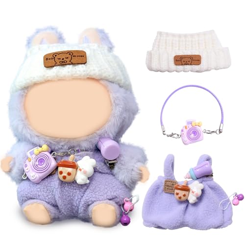 Roupas de peluche para Labu, roupa de boneca de 17 cm para Labu, disfarces para bonecas de estilo, outfit com 1 chapéu, 1 macacão e 1 bolsa para câmara, sem figura incluída (roxo)