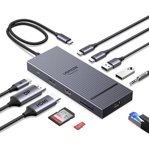 UGREEN Revodok Pro 2111 10 Gbps Hub USB C HDMI 4K60Hz DisplayPort 4K120Hz Docking Station Tipo C adaptador Ethernet Gigabit PD 100 W carregamento leitor de cartões SD TF Jack áudio 3,5 mm