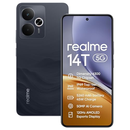 realme 14T 5G Smartphone 8+256GB, Dimensity 6300 5G chipset, 50MP Ai câmera, 6,67'' 120Hz Super AMOLED Display, 5260 mAh Massive Battery, Dual Sim, NFC, preto