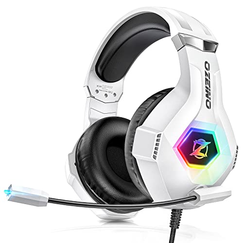Capacetes de jogo com microfone suave, luz RGB, som de envoltório claro, orelhas leves e confortáveis ajustáveis, auriculares de jogo branco para Ps5 Ps4 PC Xboxone/X/S Switch tablet laptop