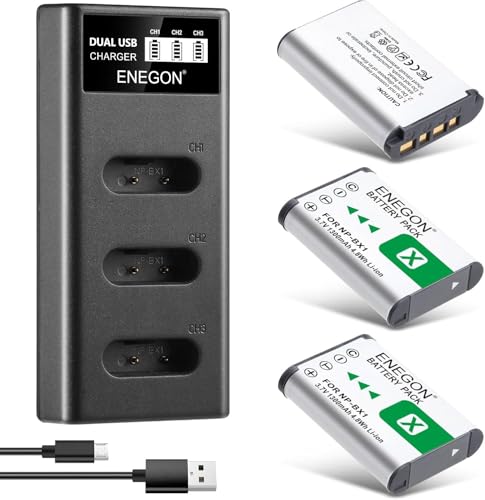 B0B4D44YWPENEGON NP-BX1 Conjunto de 3 baterias de 1300 mAh e carregador LCD para Sony NP-BX1 e Sony ZV-1, Cyber-Shot DSC-RX100, DSC-RX100 II/III/M4/M5/M5/M5/MM 6-M7 //VA, DSC-RX100M II, HDR-CX44 2005