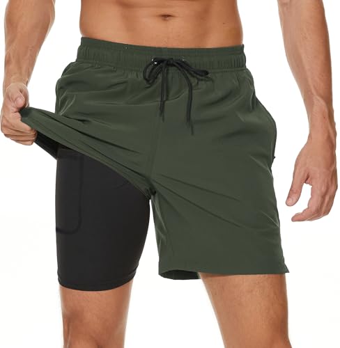 Kfnire Calções de banho para homem com forro de compressão e bolsos, calções de banho para natação secagem rápida hidrofugo para homem