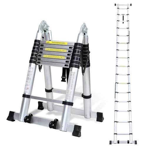 Cecaylie 5 m Escada telescópica dobrável de alumínio, escada de alumínio antiderrapante, escada de pé, escada telescópica extensível de 150 kg, capacidade de carga