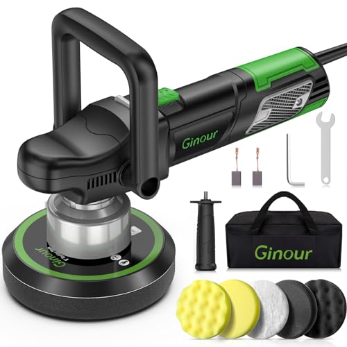 Ginour Polidora de carro, polidora de automóvel, 6 velocidades variáveis 6400 rpm, 4 discos de espuma e almofada de lã, cabo em forma de D amovível/cabo lateral, para carro, motas, barcos, móveis