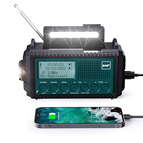 Rádio de manivela Dab / Dab / FM com bateria recarregável de 5000 mAh, emergência com lanterna, portátil para acampar com função de carregamento USB, dínamo com alarme SOS, para caminhadas