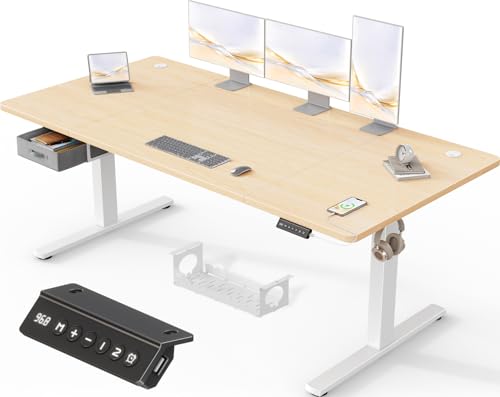 Devoko 180 x 80 cm mesa elétrica elevável com gavetas, mesa regulável em altura de carregamento USB-A, mesa de secretária elevável de gestão de cabos e lembrete de postura sentada, Bordo