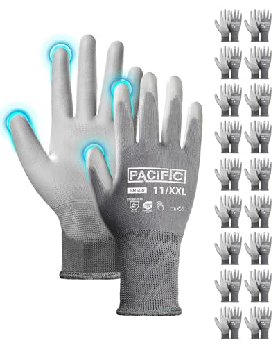 PACIFIC 18 pares de luvas de segurança com revestimento de poliuretano, luvas de trabalho multiusos, para homem, malha sem costuras, aderência potente, cinza, XXL/11