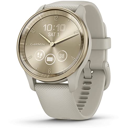 Garmin Vivomove Trend, elegante Smartwatch híbrido de 40 mm, com aspeto analógico sofisticado, moldura de aço inoxidável e funções inteligentes, Gold Bege