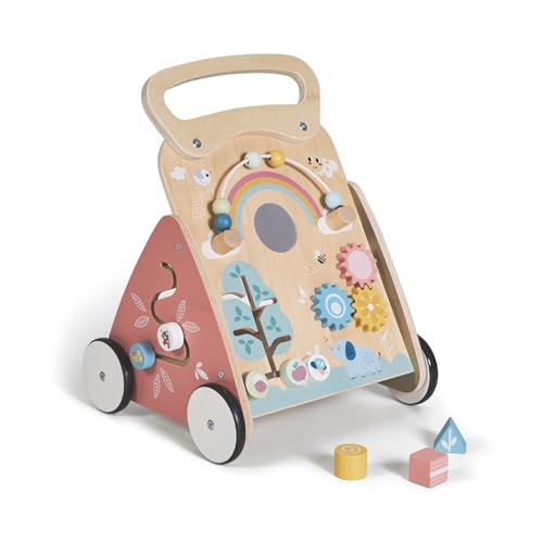 MS Montessori MIMO - Andador de madeira para bebés - carrinho de corrida com brinquedos e atividades para os primeiros passos - Caminhador para bebé + 12 meses