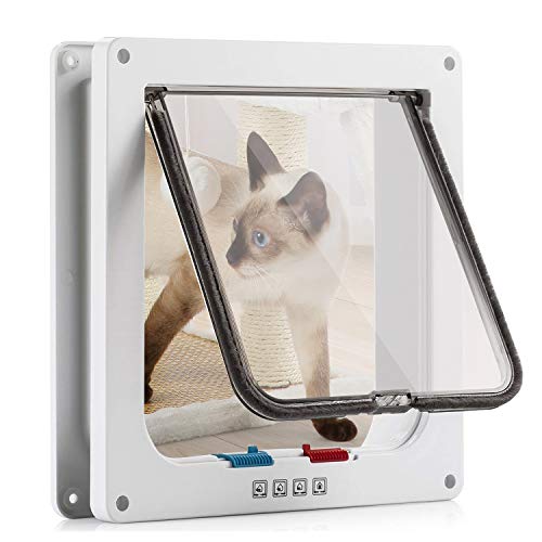 Porta para gato com fecho magnético de 4 vias, porta para animais de estimação para gatos e cães pequenos, porta para gatos com túnel L branco 18 x 19 x 5,5 cm