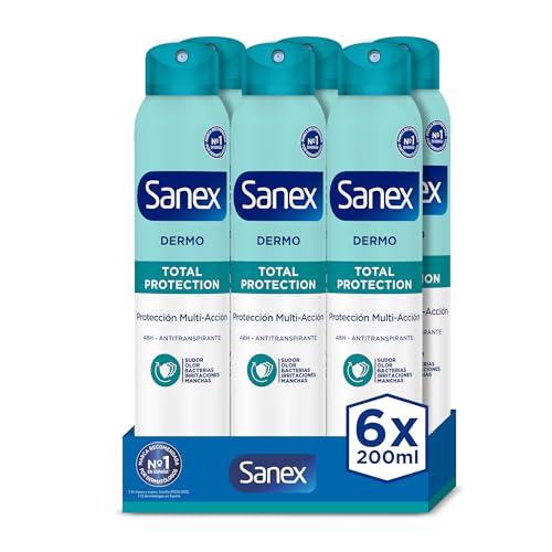 Sanex Total Protection desodorizante em spray, conjunto de 6 unidades x 200 ml, proteção 5 em 1 contra o suor, o odor, as bactérias, a irritação e as manchas, desodorizante anti-respirável