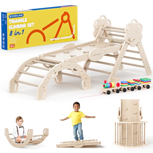 COSYLAND 8 em 1 triângulo de escalada Montessori com arco e rapa, conjunto dobrável infantil, brinquedo de madeira resistente para interiores, crianças 18 meses - 6 anos, cores naturais, grande